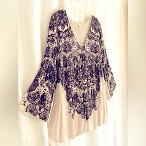 Free People Tunic Top 2 Boho Hippie Peasant Paisley Cream Brown Long Sleeve